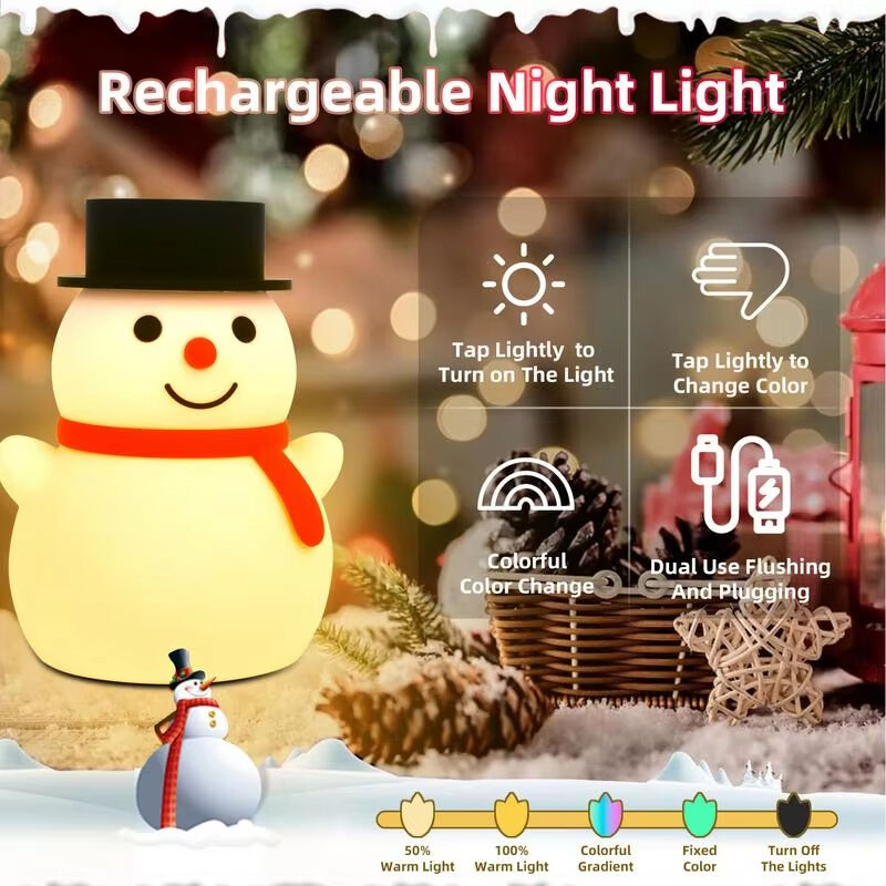 Snowman Night Lamp Touch Table Light LED Snowman Nightlight Dimmable Desk Lamp Rechargeable Silicone Christmas decor kids gifts