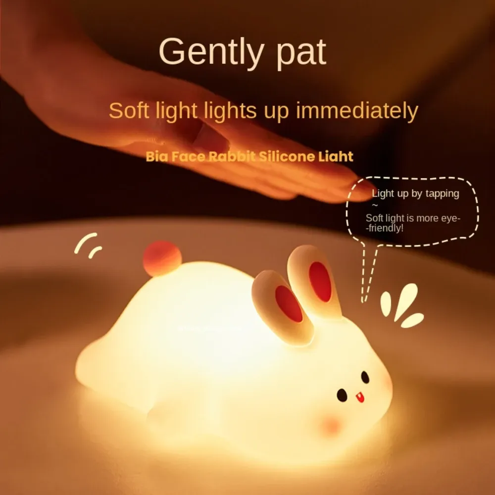 cute rabbit silicone night light touch sensitive big faced bunny night light lamps for room decor lamp childrens gift led home-40