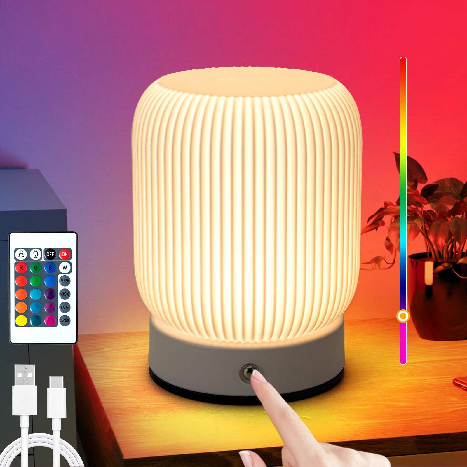 RGB Touch Lamp for Bedroom, Small, 16-Color Music Sync Table Lamp, Battery Operated LED Bedside Lamp, Rechargeable, Remote Control, Cordless Night Lamp for Living Room,White