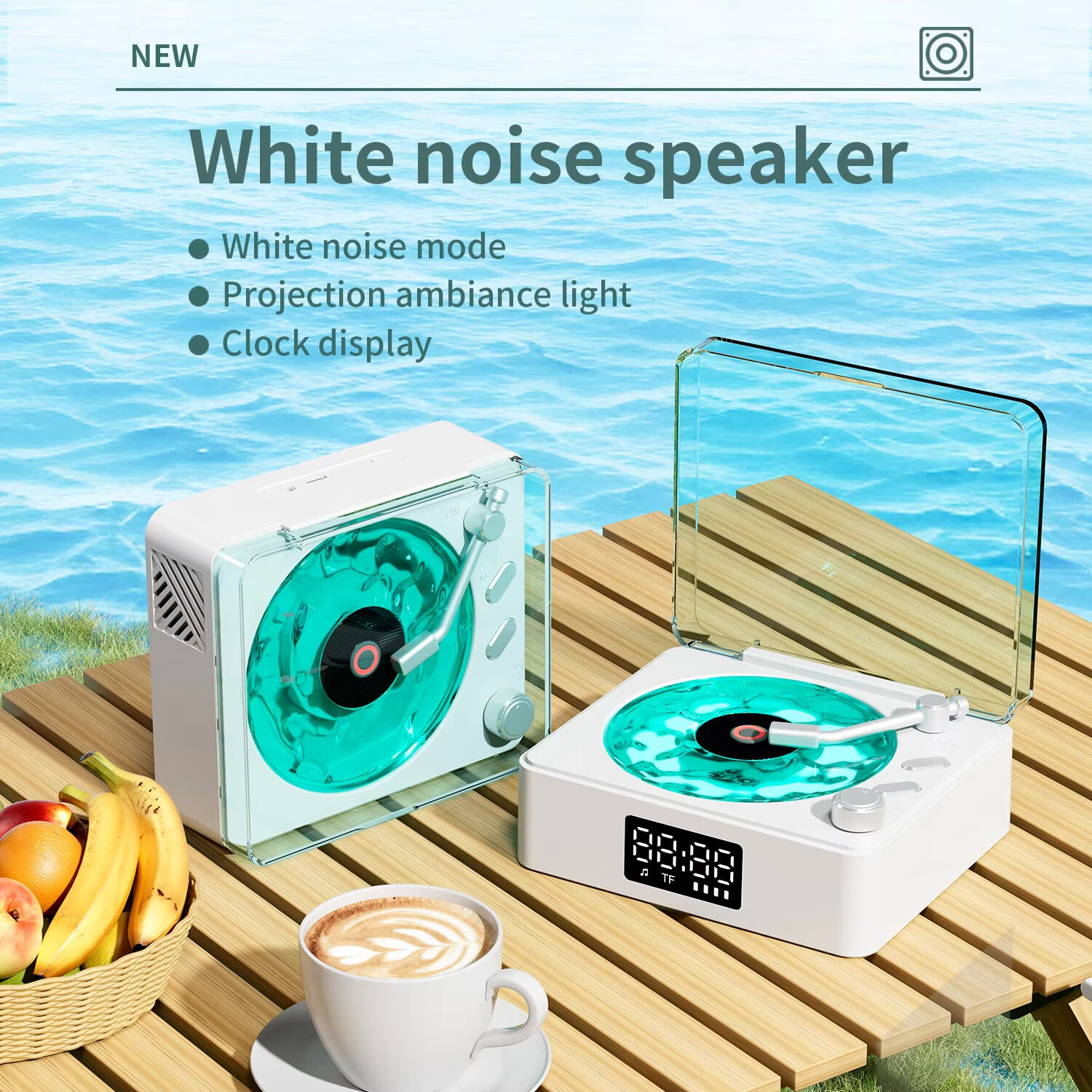 Tocadiscos retro Waves con ruido blanco, altavoces inalámbricos Bluetooth, reloj portátil recargable, regalo, ayuda para dormir, ambiente de audio, luz nocturna