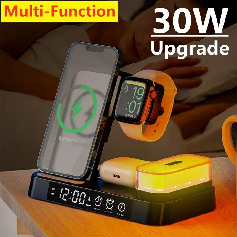 30W 3'ü 1 Arada Kablosuz Şarj Standı Pad Alarm Saati Gece Işığı Hızlı Şarj İstasyonu İstasyonu iPhone Samsung Galaxy Watch IWatch için