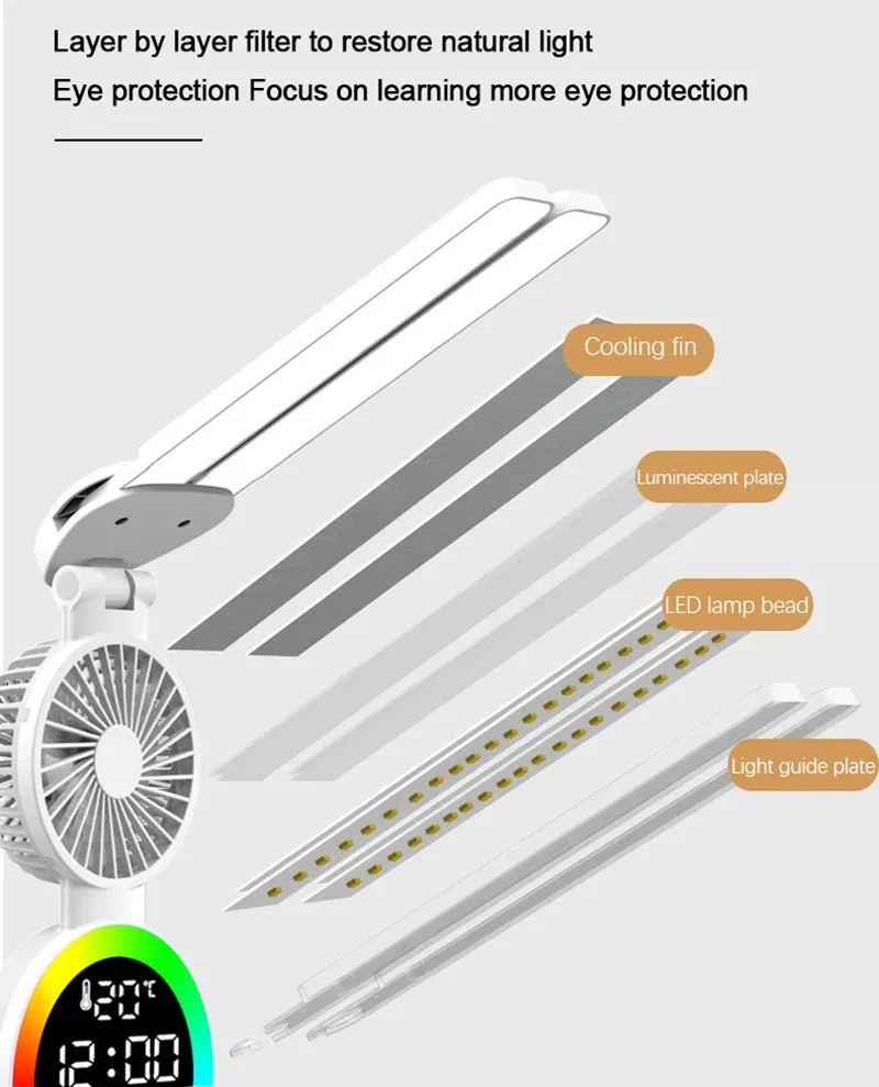 rechargeable led table lamp for study desk lamp reading light led night light with fan led clock dispaly reading desk light-50