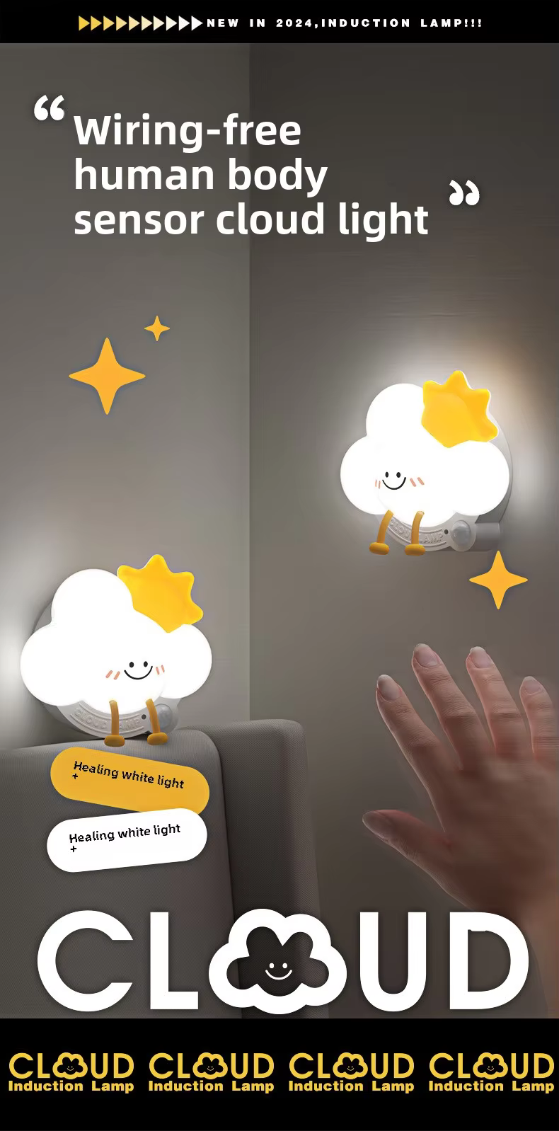 Magnetic Light Controlled LED Night Light with USB Charging Cloud Silicone Bedside Lamp Human Sensor