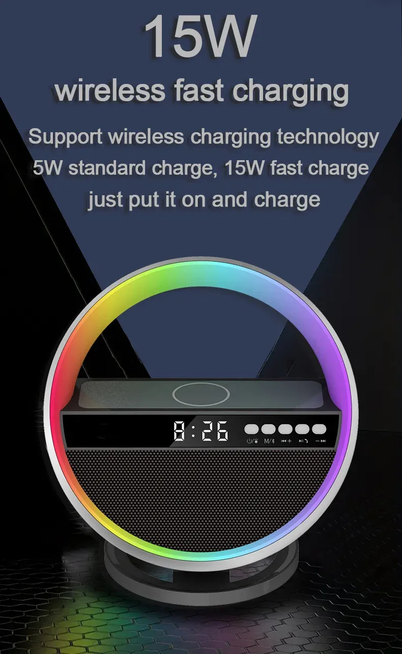 wireless charger for phone bluetooth speaker with ambient lighting alarm clock function home desk lamp audio charging stands-43