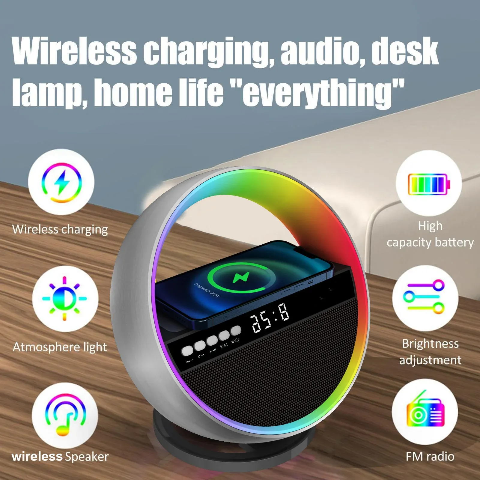 wireless charger for phone bluetooth speaker with ambient lighting alarm clock function home desk lamp audio charging stands-40