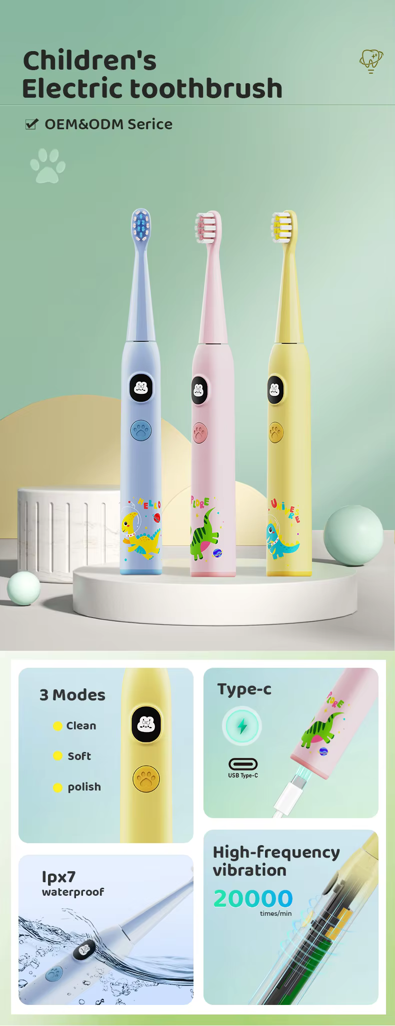 Customizable Kid's Electric Toothbrush 3 Modes Cute Animal Cartoon Replaceable Brush Heads manufacture