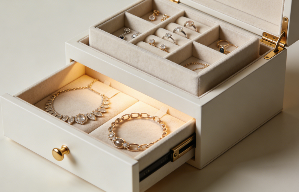 Hvad er den bedste måde at organisere en smykkerække med flere stykker i én æske?