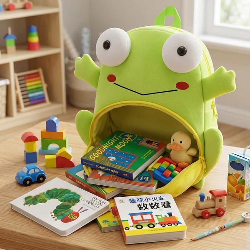 SUSHAN OEM Factory Custom High Quality Baby Backpack Animal Plush Toy Cute Cartoon Frog Design Educational Plush Toy Baby Bag