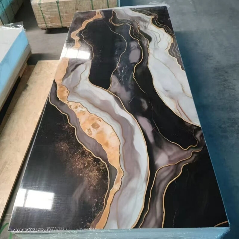 Black PVC Marble Sheet with Gold Veins - Glossy Finish Luxury Wall Panel for Hotel Lobby