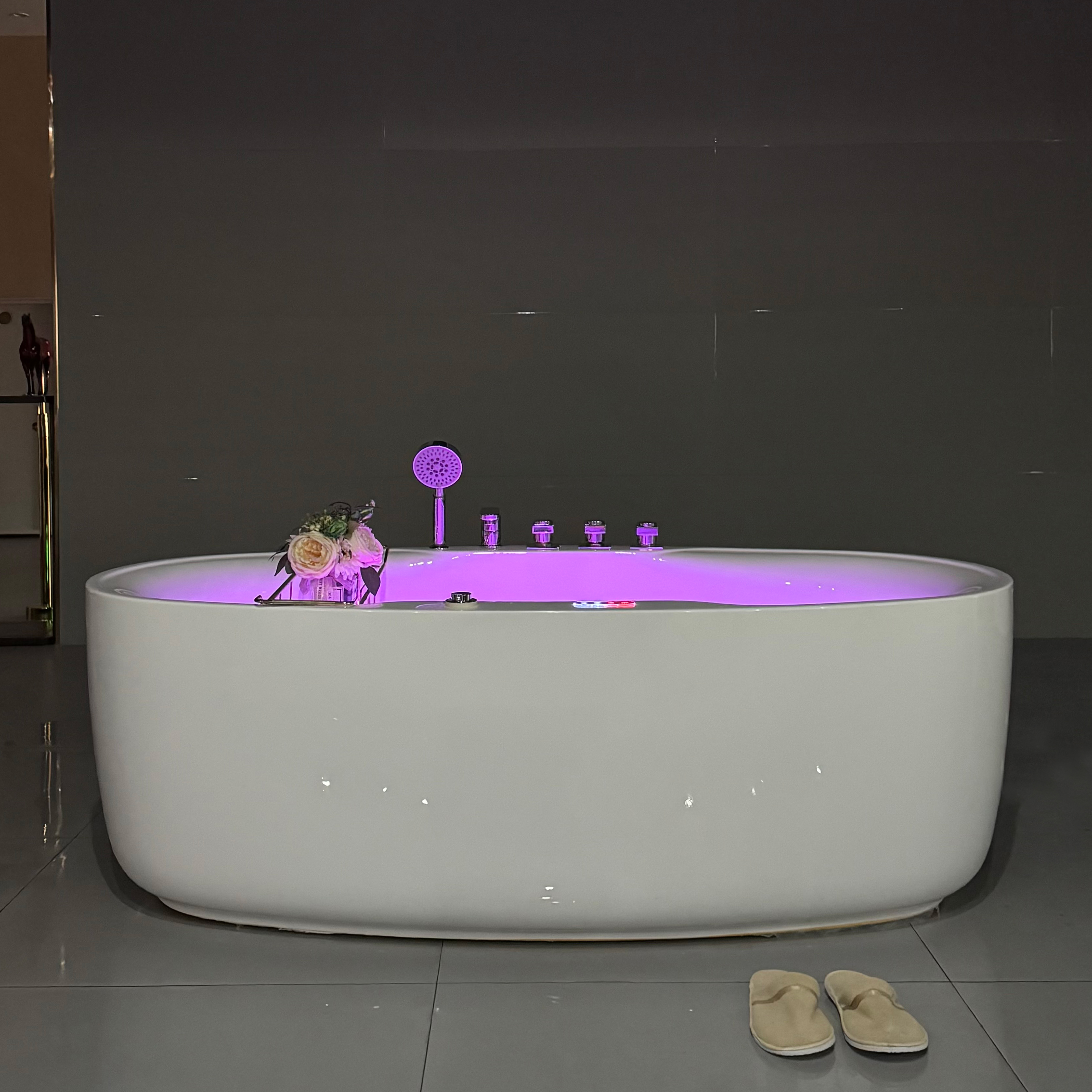 Bồn tắm độc lập bằng nhựa acrylic LED trắng hình bầu dục hiện đại HOKO có chức năng ngâm và thoát nước, bồn ngâm dành cho người lớn