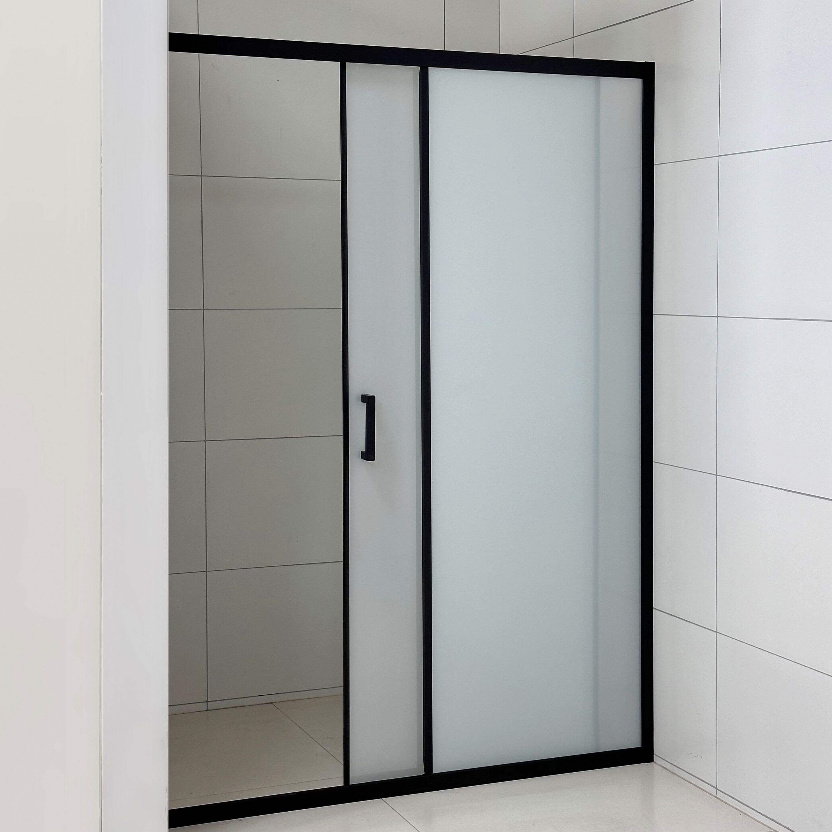 Black Aluminum Frosted Glass Shower Enclosure 6mm Walk-In Sliding Door