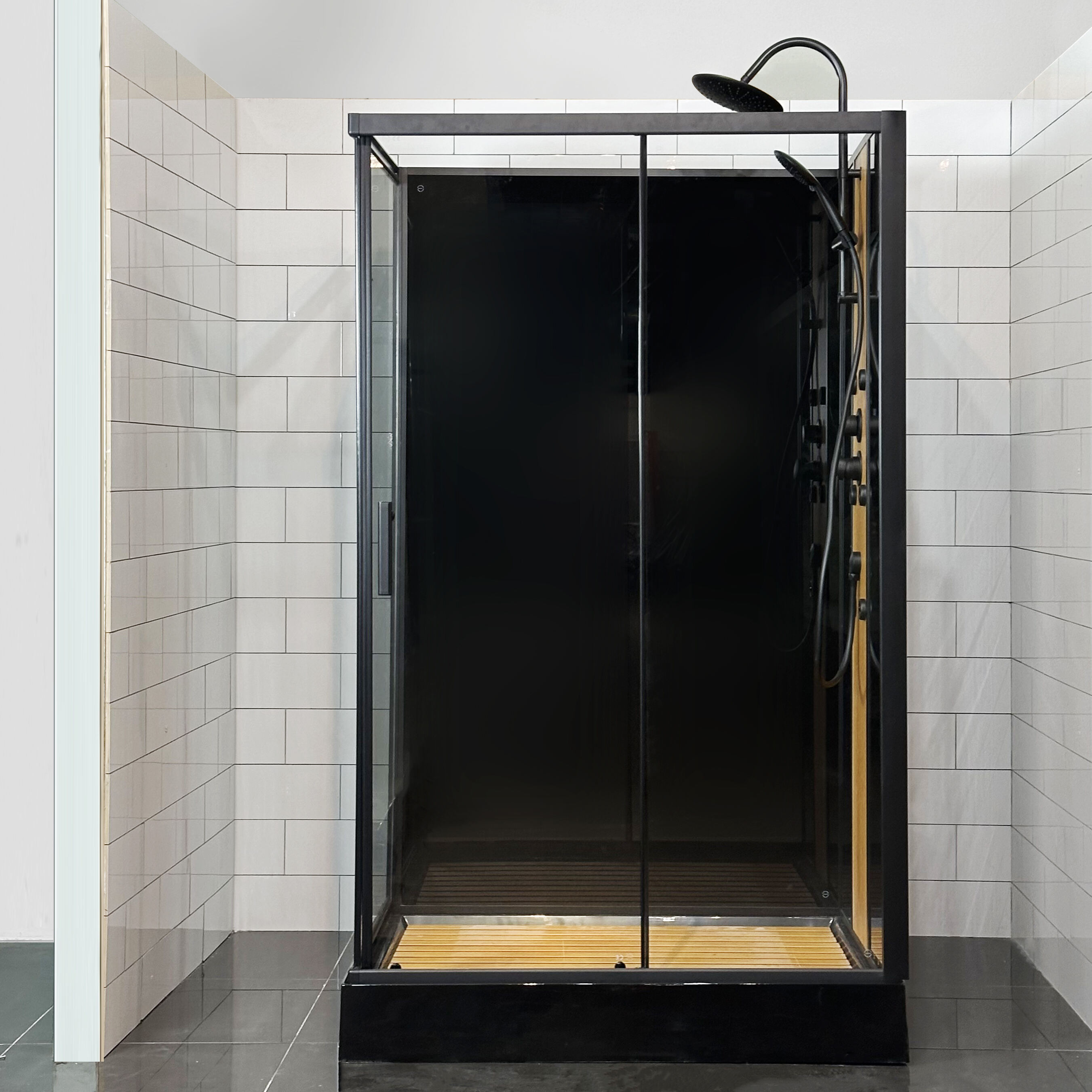 Phòng tắm HOKO hiện đại kính cường lực 5mm màu đen với kiểu dáng thẳng, cửa trượt, có khung, phù hợp cho khách sạn