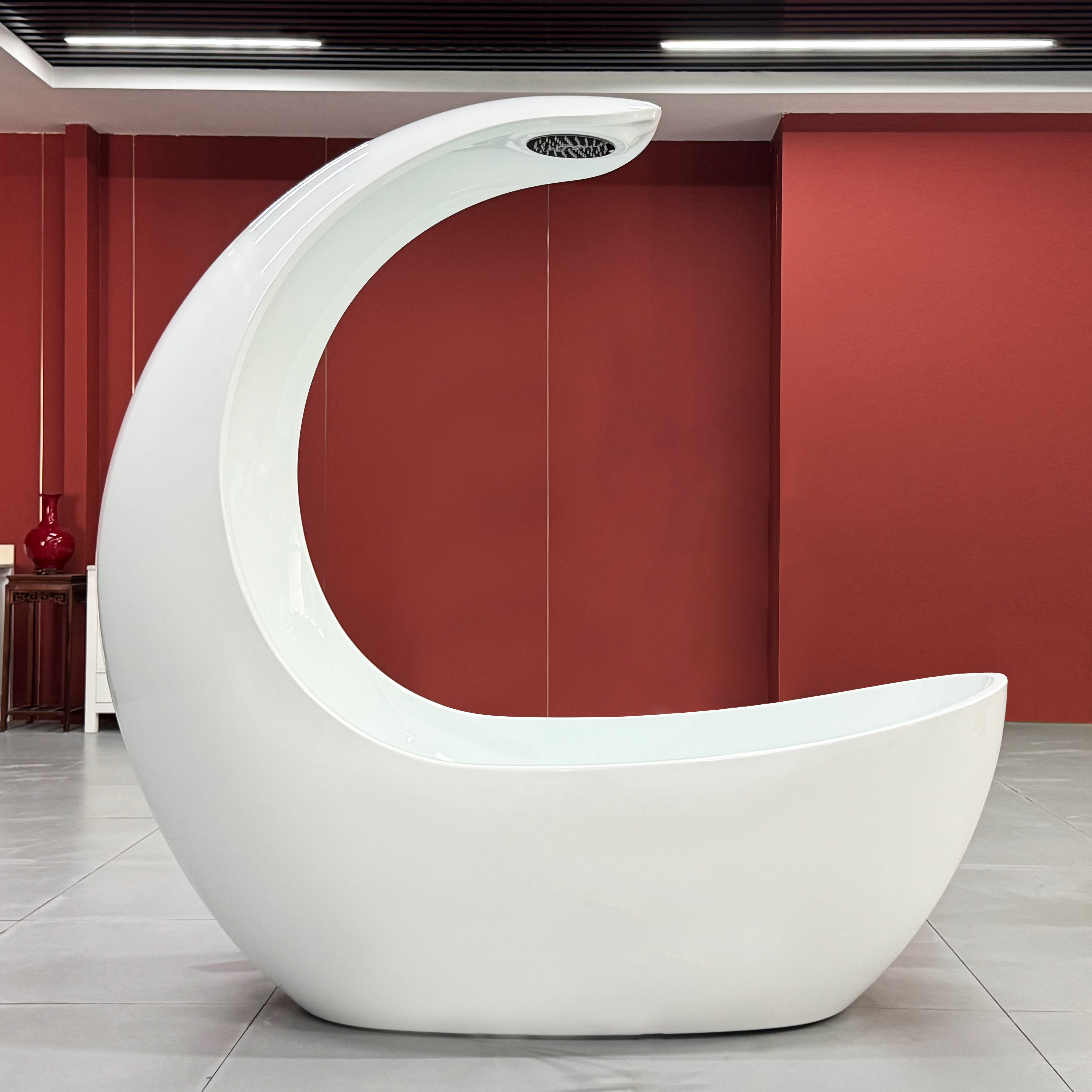 HOKO Lusso Bianco Vasca da Bagno Freestanding a Forma di Luna in Acrilico Moderna con Sgocciolatoio Superficie Facile da Pulire per Ville da Bagno con Vasca