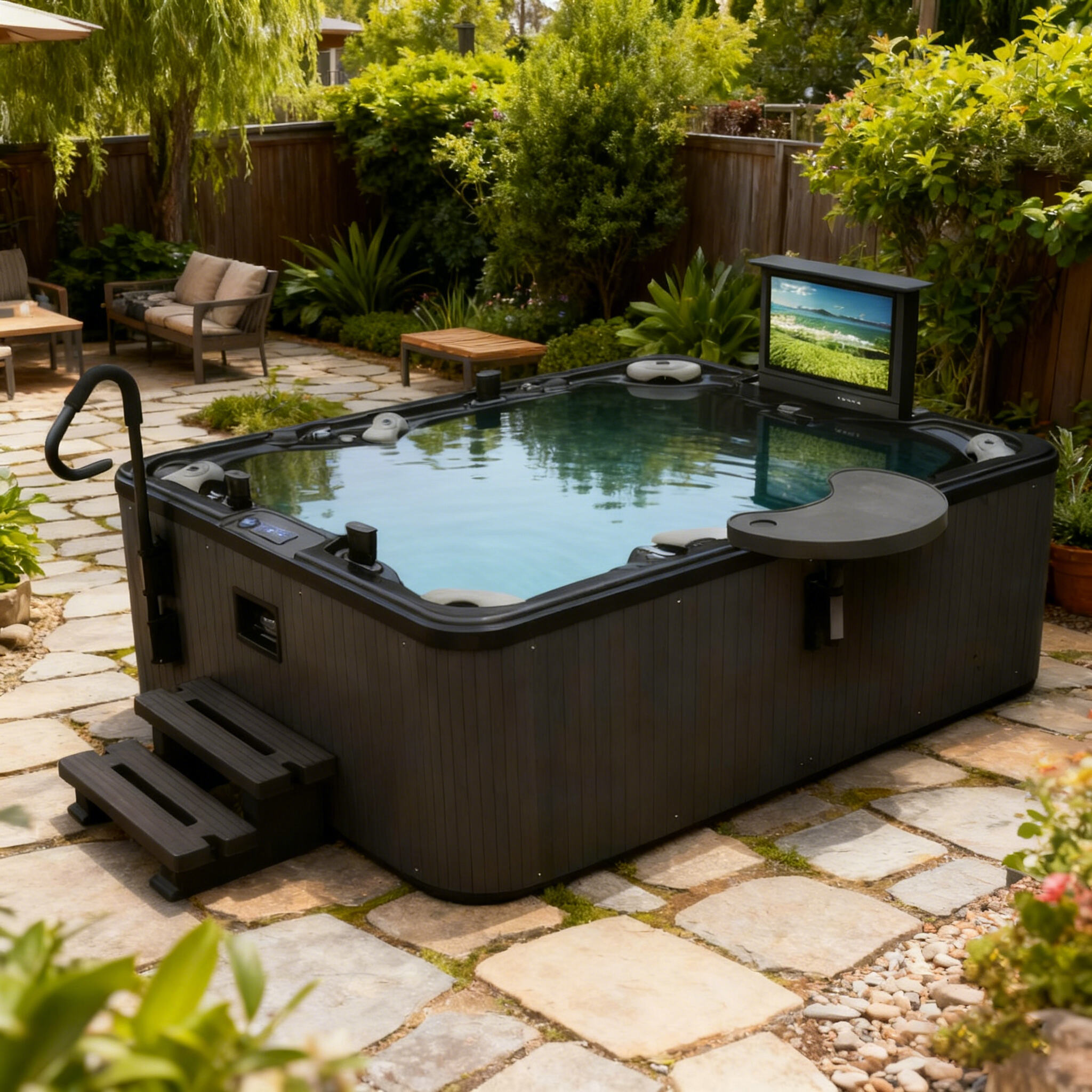 HOKO Fabricant subministra banyera d'hidromassatge exterior per a 7 persones, spa modern de metacrilat amb massatge, instal·lació autònoma i desguàs per a remull