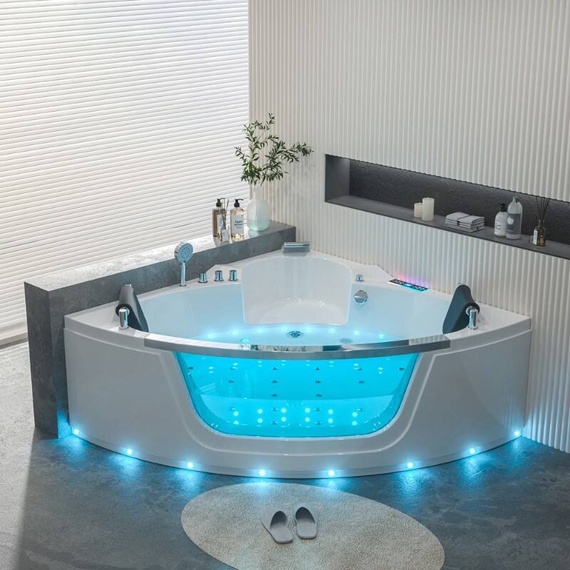 Modern Acrylic Bathtub Glass Side Skirt Massage Air Bubble Whirlpools with Pillow