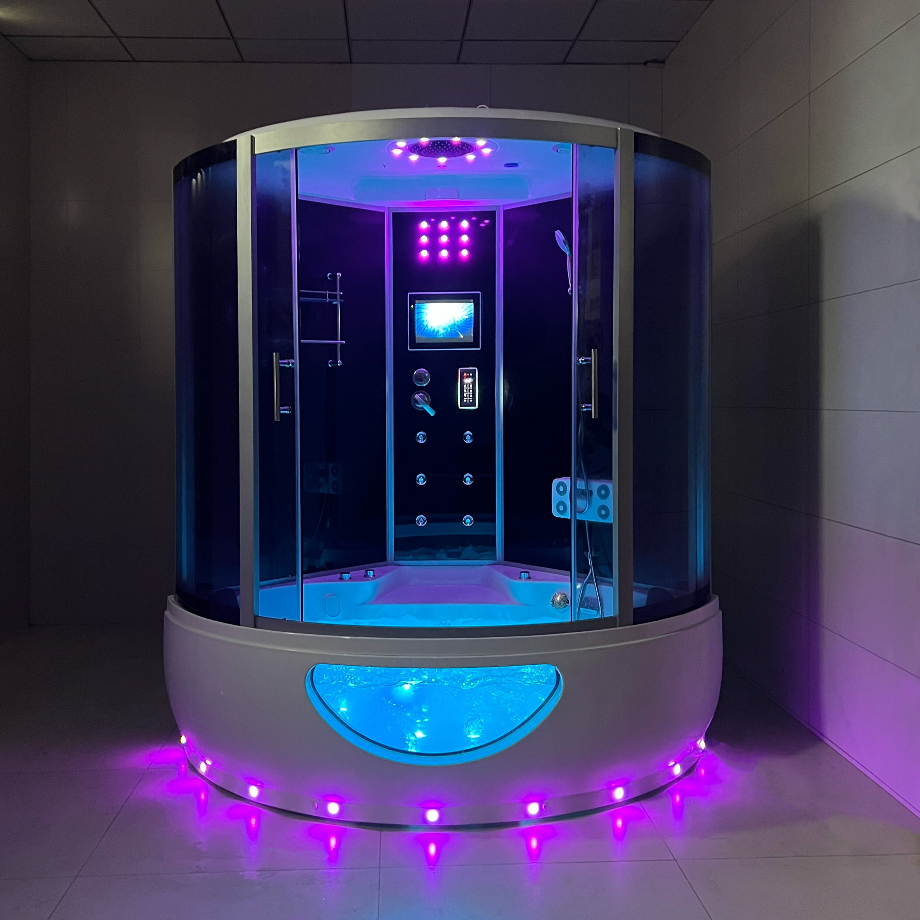 HOKO akryl-dampbadstue med sikkerhedsglas og aluminiumsramme, computerkontrolpanel, badeværelsesudstyr og tilbehør med TV