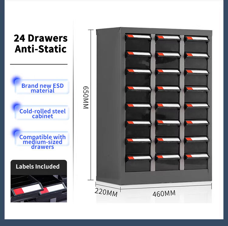 Kabinet Komponen Anti-Statik Gred Perindustrian Leenol 24-Laci Diperbuat Daripada Logam Lembaran Berkualiti Tinggi Yang Ditebalkan