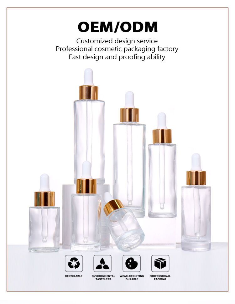 100ML, 80ML, 60ML, 50ML, 40ML, 30ML, 20ML Transparent / Frosted Dropper Beauty Bottle, Gold Lid Design Shows Light Luxury Texture factory