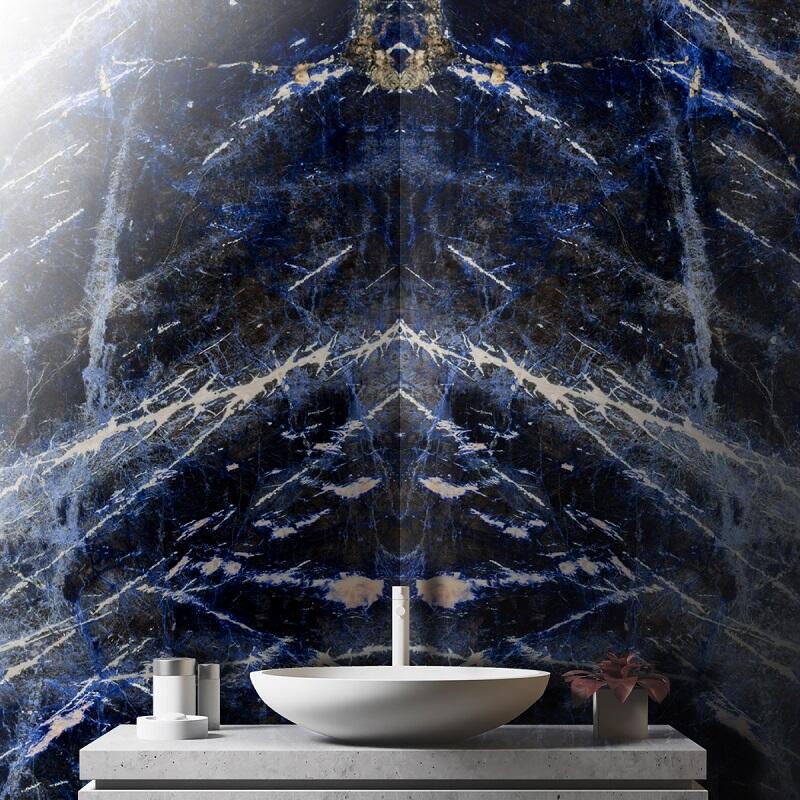 Polished Blue Sodalite of Bookmatch Wall facade for Interior