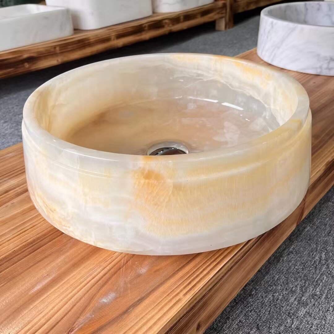 Direct Factory Made Natural Onyx Chess Round Wash Basin Marble Sinks manufacture