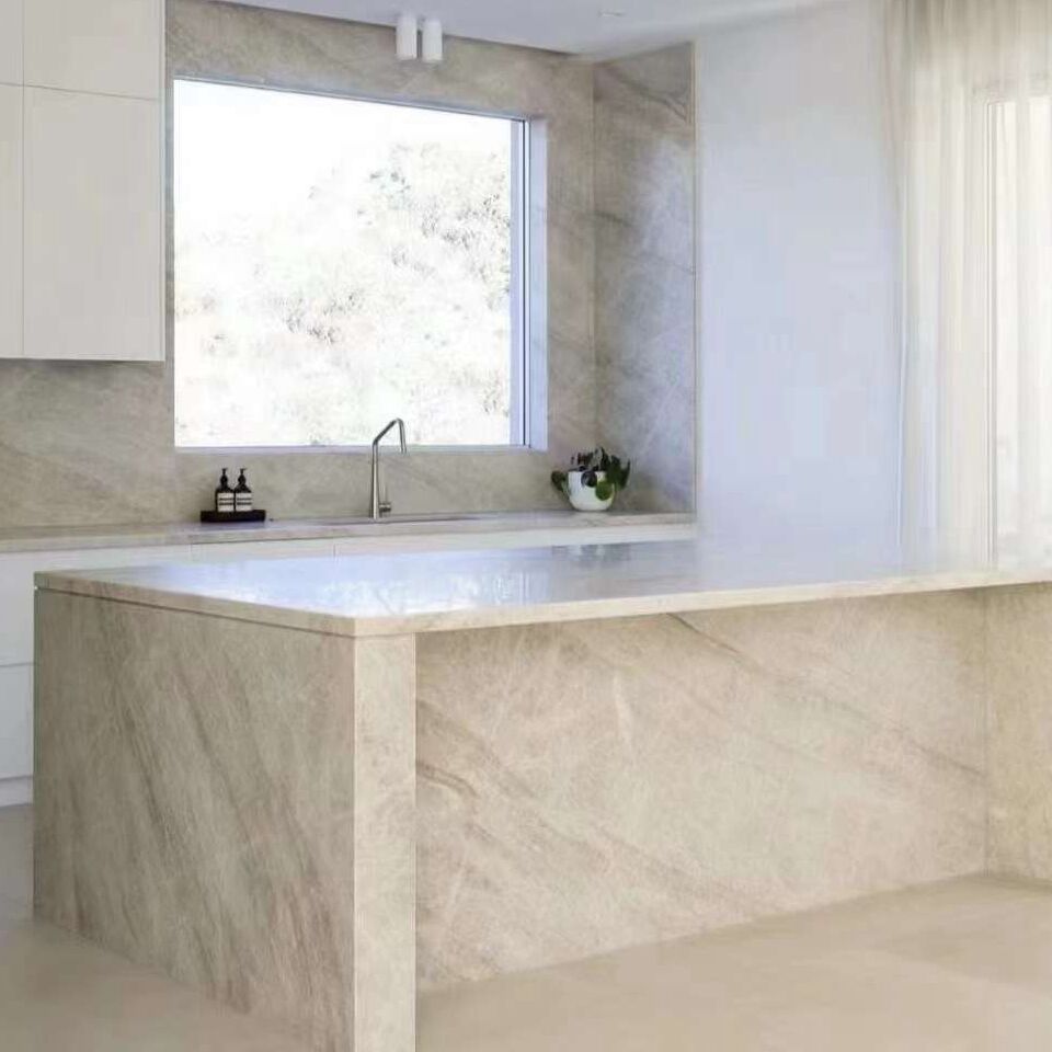 Natural Taj Mahal Quartzite Marble Waterfall Kitchen Island Counter Top