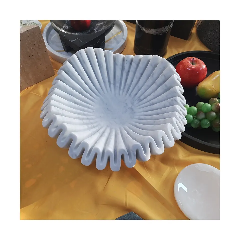 Natural Handcrafted Ruffled Marble Fruit Bowl