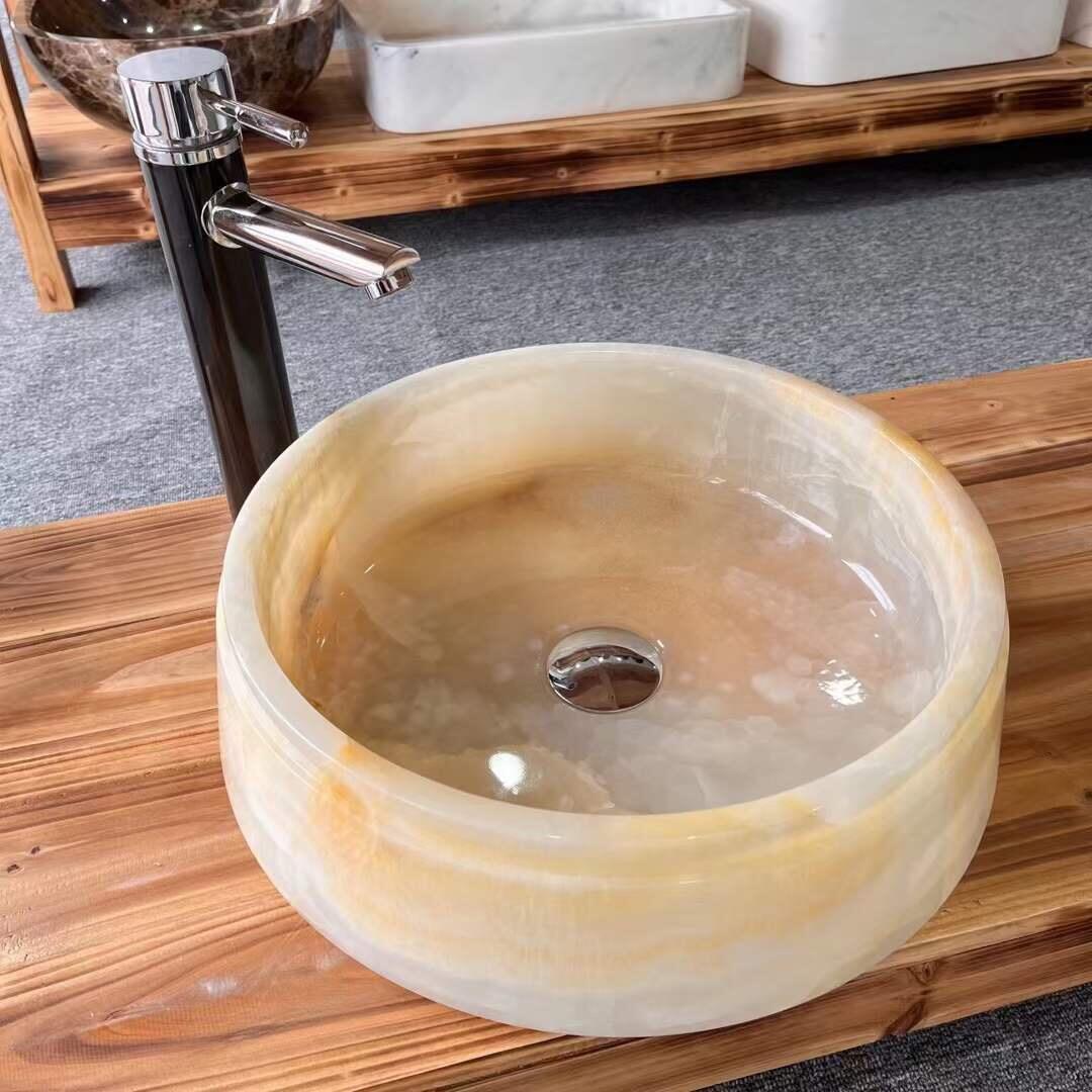 Direct Factory Made Natural Onyx Chess Round Wash Basin Marble Sinks manufacture