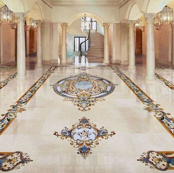 Foyer Inlay Waterjet cut design pattern marble flooring tile details
