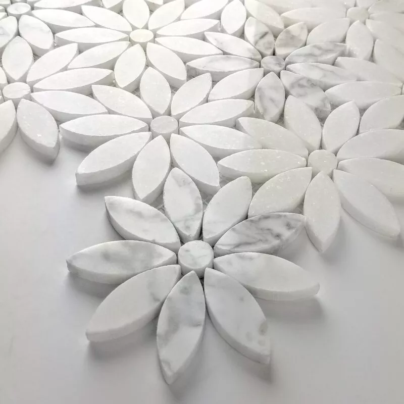 White Thassos And Carrara Marble Floral Waterjet Mosaic Tile