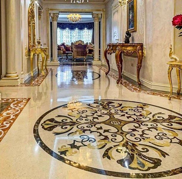Foyer Inlay Waterjet cut design pattern marble flooring tile supplier