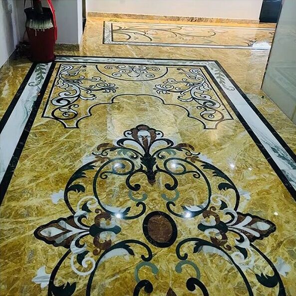 Foyer Inlay Waterjet cut design pattern marble flooring tile manufacture