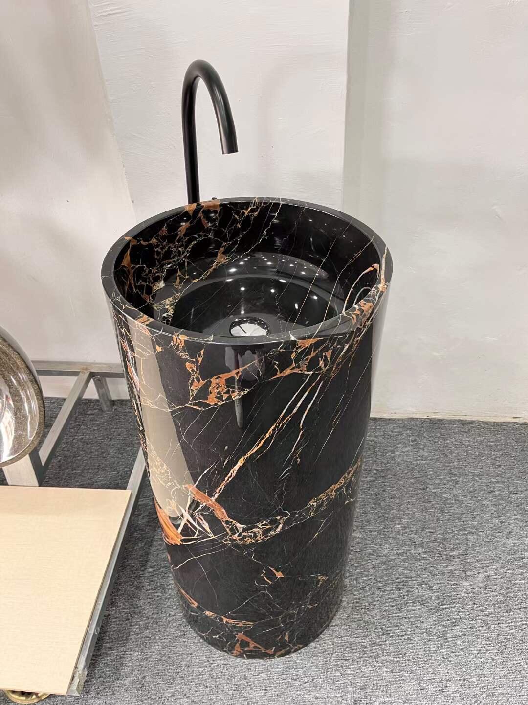 Customized Portoro Black Marble Pedestal Sinks Bathroom Corner Washing Sinks details