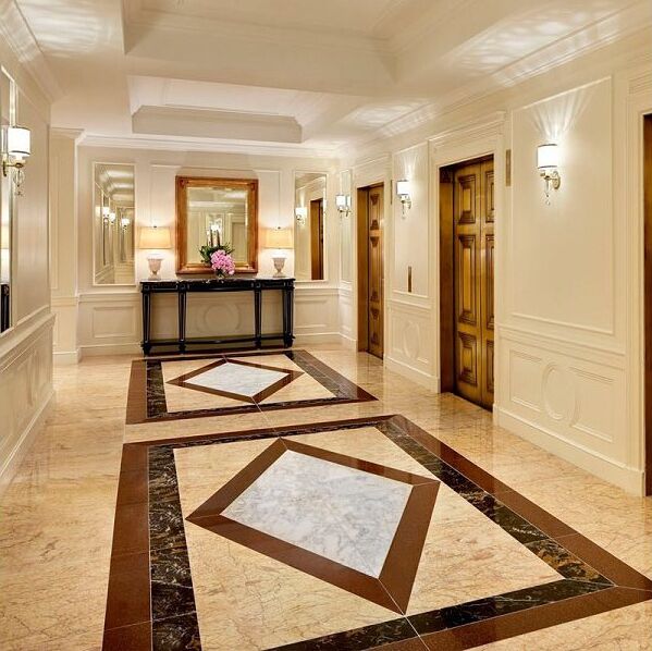 Foyer Inlay Waterjet cut design pattern marble flooring tile factory