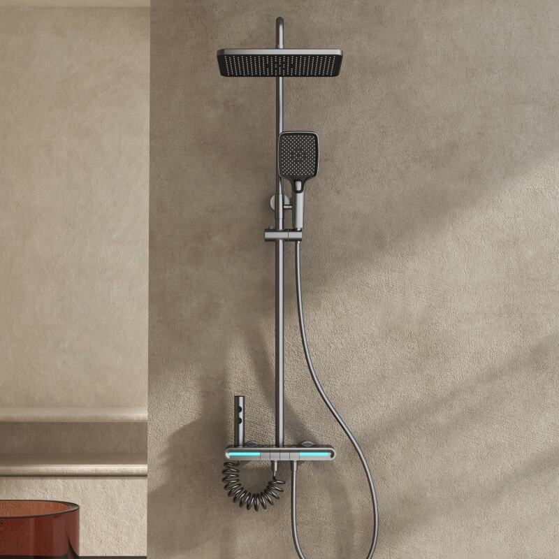 LE680303 Thermostatic High End Grade Elegant Wall Mounted Brass Rain Shower Faucet Mixer Set for Spa Bathroom Gun Grey
