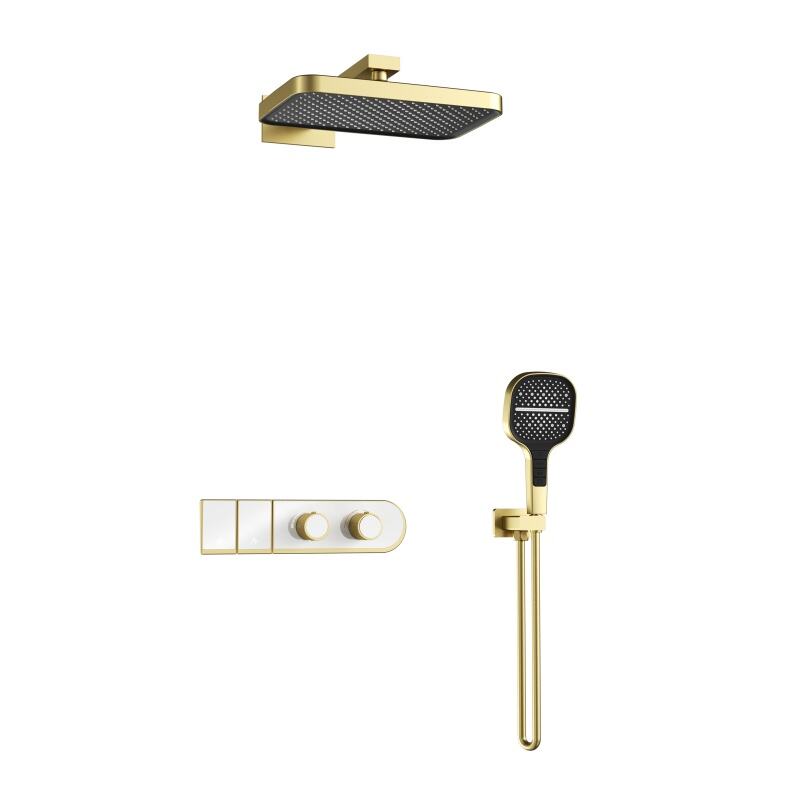 1WP850508 Luxury Spa Experience Conceal Brass Valve with Rainfall Shower and Waterfall Bathroom Set Brushed Gold
