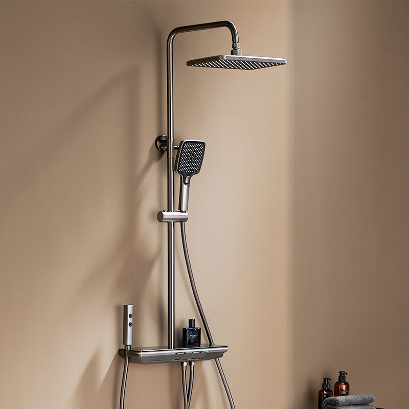 LE630112 Smart 4 Function Thermostatic Durable Brass Bath  Rain Rainfall Shower Faucet Set Mixer Complete Kit for Bathroom Brushed Gold