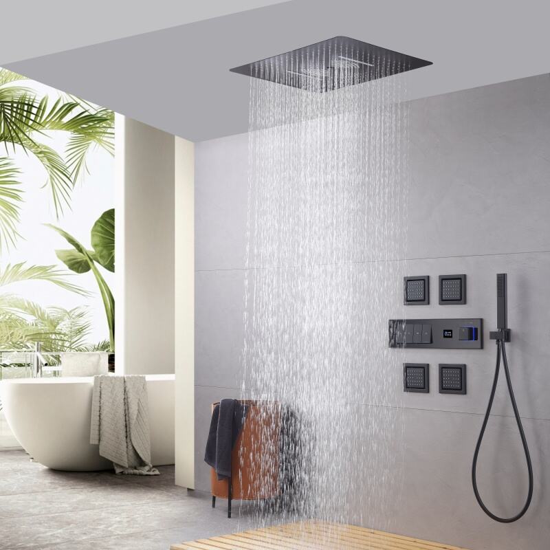 1LQ-6800B012 Luxury Concealed Brass Smart Thermostatic Valve with Rain and Waterfall Shower System Kit Black