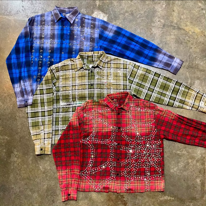 Mga Tagagawa ng Damit Pasadyang Lalaking Oversize Retro Button-up Check Plaid Flannel Mahabang Buong Manggas Rhinestone Shirts Lalaki