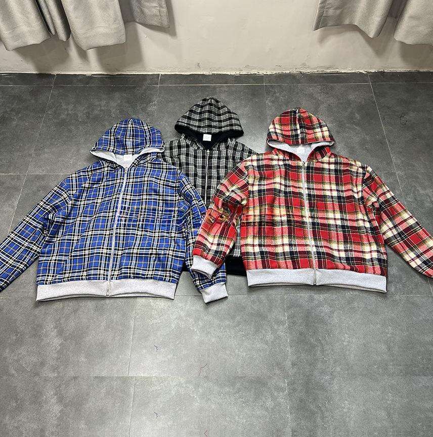 XINSHENG Mga Tagagawa ng Damit na Kustumbreng French Terry na Kotong Dalawang Antas na May Seradurang Baligtaran na Plaid na Boxy na Cropped na Hoodies na Jacket para sa Lalaki