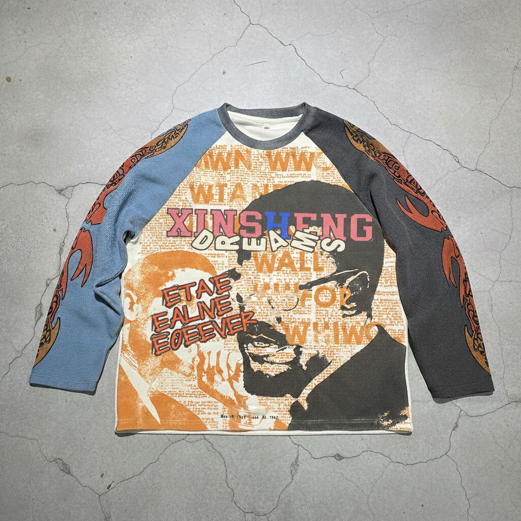 Fabricants de roba: camiseta personalitzada streetwear amb impressió digital, de tall ampli, amb blocs de color, coll redó i estampat gràfic, en teixit de galeta de màniga llarga per a homes