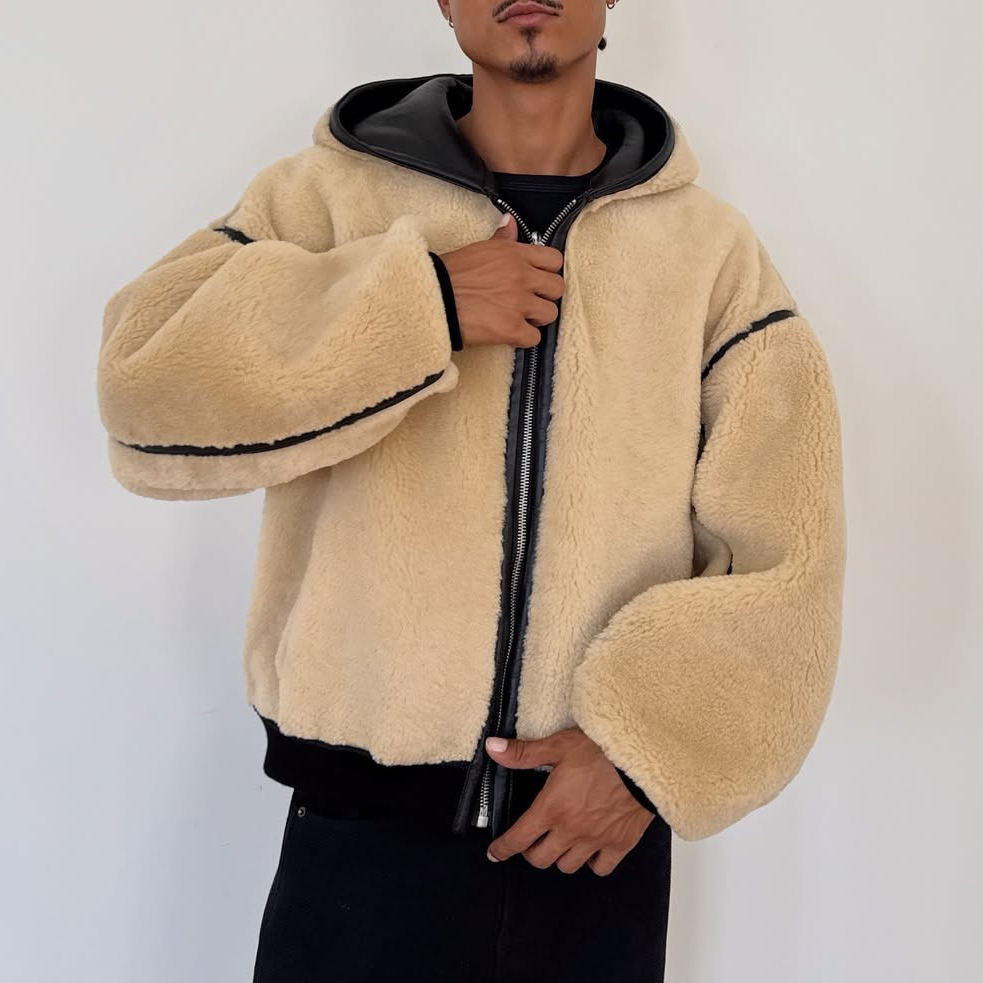 Tagagawa na Custom na Lalaking Mabigat na Makapal na Fleece, Mabaligtad na Zipper, Sintetikong Katad na Sherpa Jacket na May Takip para sa Lalaki