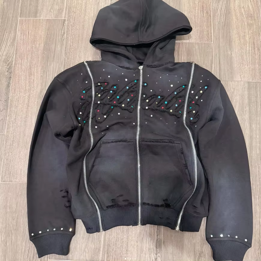 Mga Tagagawa ng Damit na Streetwear na Kustumbreng Pagtatahi-tahi na Vintage Acid Wash na French Terry na Naukol at May Rhinestone na Acid Wash na Zip-up na Hoodie