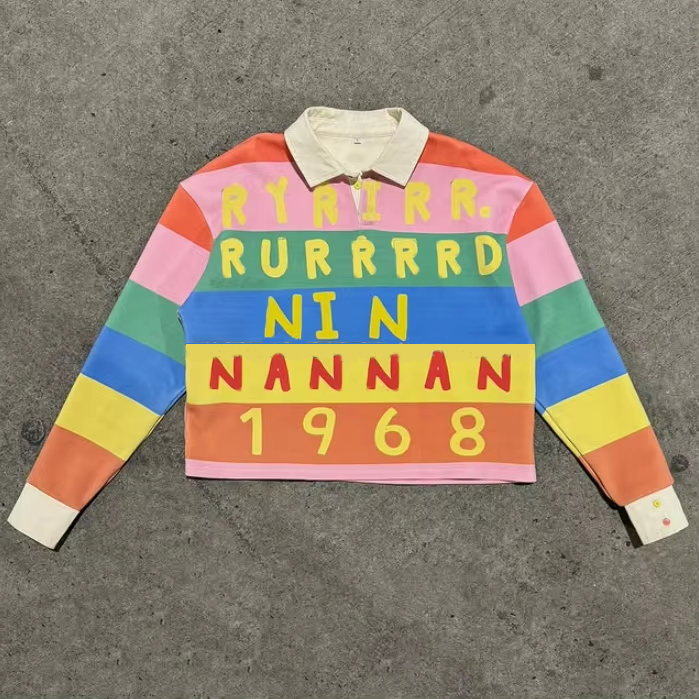 2025年ストリートウェアカスタムデジタルプリントコットンストライプクロップドボクシーフィットロングスリーブポロTシャツメンズ