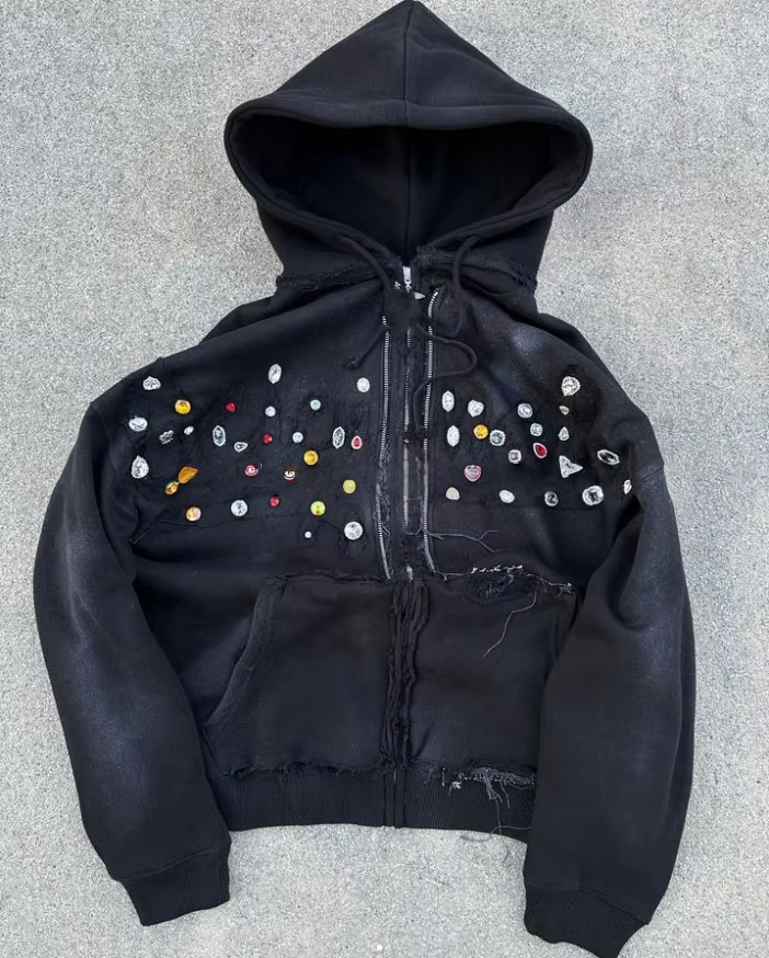 ストリートウェア カスタム刺繍 ヘビーウェイト サンフェード ジップアップ アシッドウォッシュ スウェットシャツ ラインストーン ボックス型 クロップド ディストレスドパーカー メンズ用