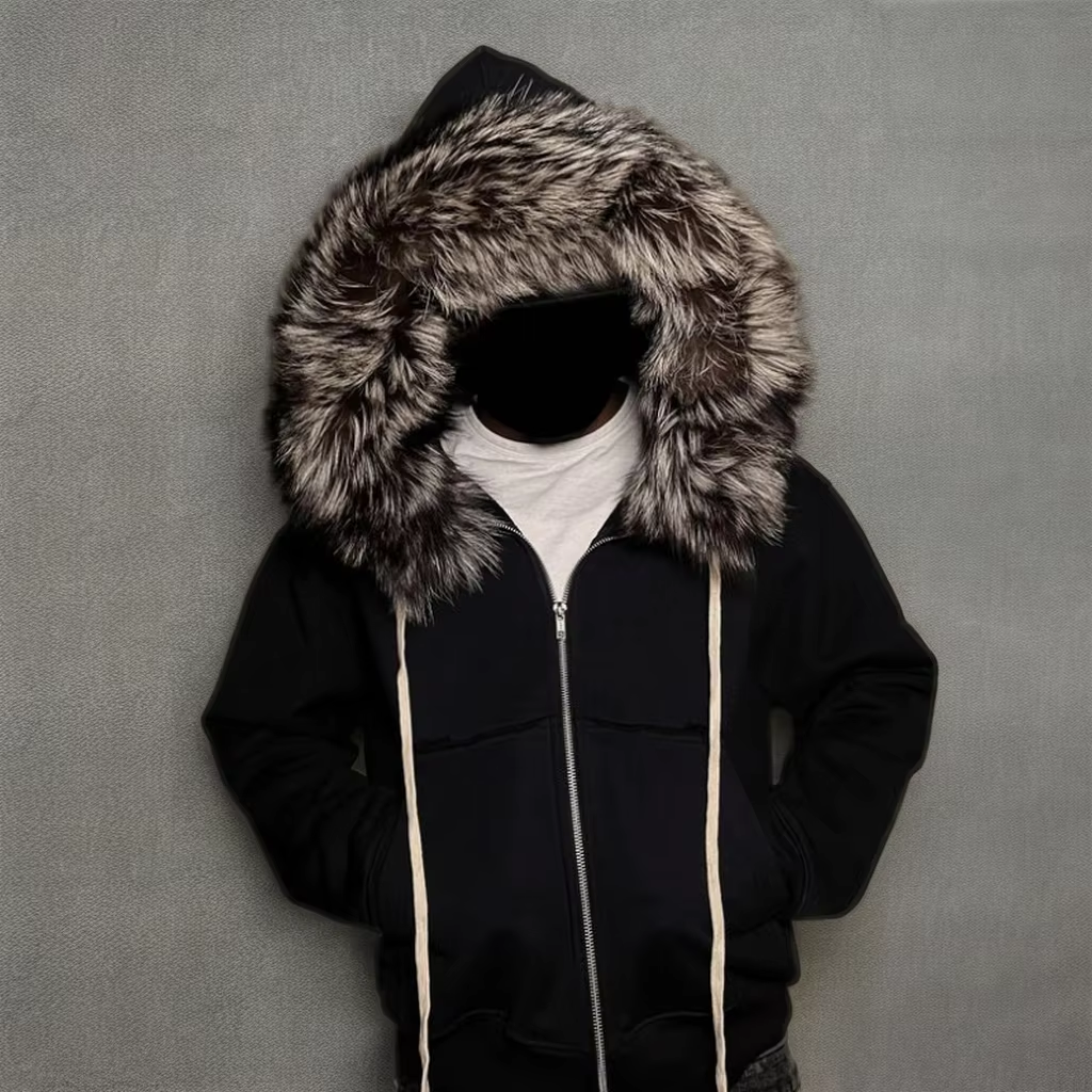 衣料品メーカー カスタム 400gsm 500gsm フレンチテリー ディストレスド ファー付きフード着脱可能 ジップアップパーカージャケット メンズ用