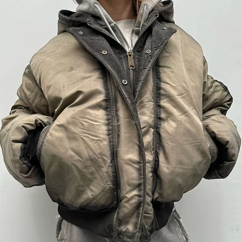 メーカー カスタム メンズ ビンテージ アシッドウォッシュ ボタン付き クロップド ボクシーフィット ファスナー付き バンバージャケット フード付き