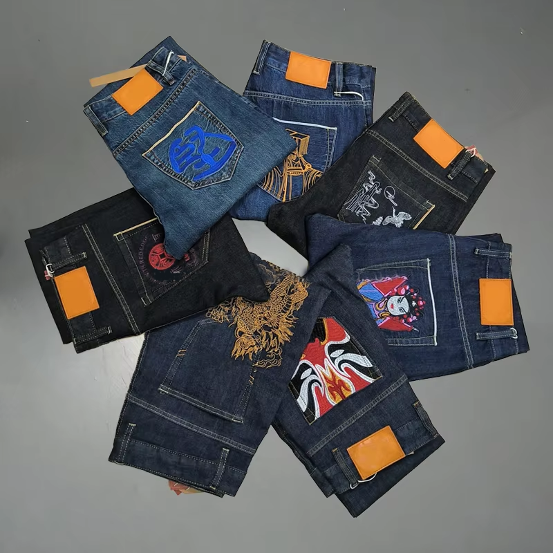 Custom Streetwear, Mataas na Kalidad, Lalaking Embroidery, Tuwid na Binti, Loose-fit, Plus Size, Lalaking Flared Jeans, Embroidered Denim Pants para sa Lalaki