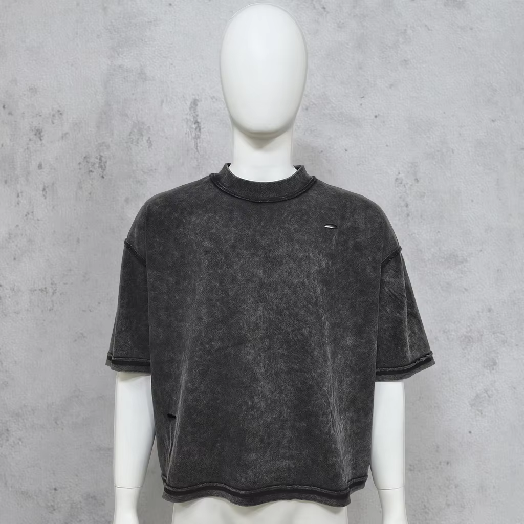 Mataas na Kalidad Pasadyang Kontrast na Tahi sa Lalaking 100% Cotton Acid Wash Distressed Tshirt Boxy Oversized Cropped T-shirt Lalaki