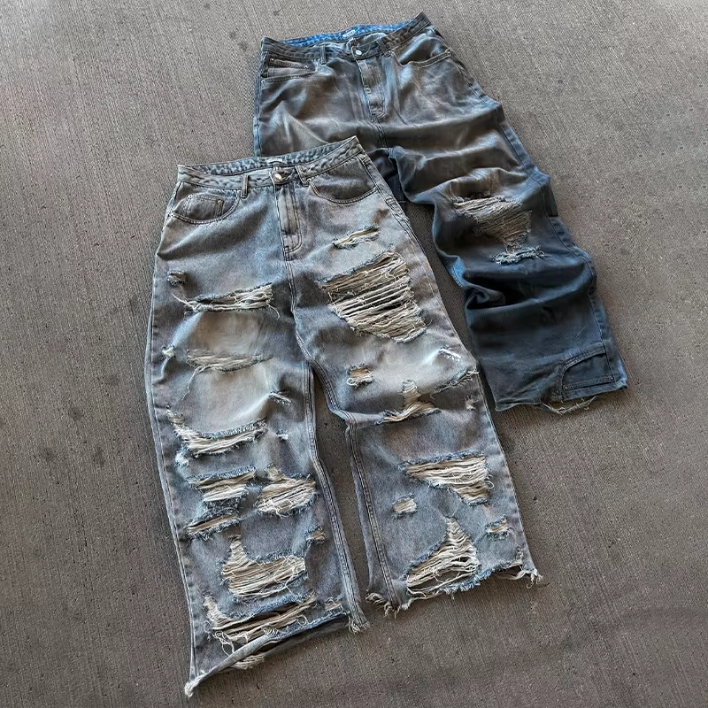 Street Wear Pasadyang Vintage Wash Butas Sobra-luwag na Sira na Jeans Denim Pantaloon para Lalaki Pantaloon