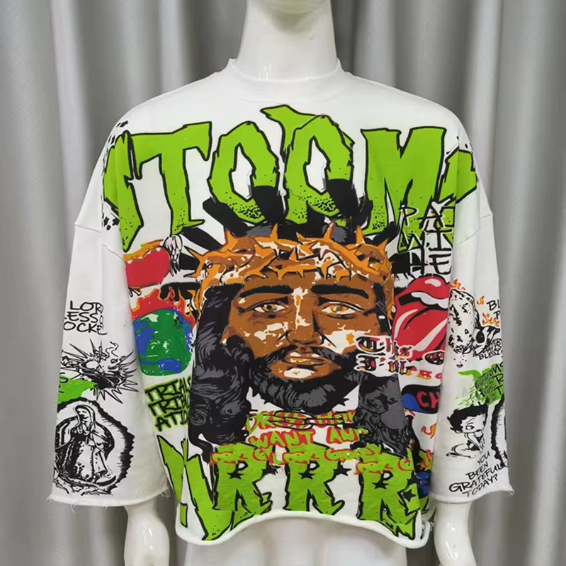 ストリートウェア カスタムプリント オーバーサイズ フレンチテリーTシャツ メンズ 半袖 クロップド ボクシー ドロップショルダー グラフィックTシャツ